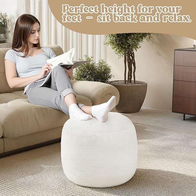 MeMoreCool Round Pouf Ottoman – Beige Corduroy Footrest with Foam Filling Compact Foot Stool for Couch, Living Room Decor, Dorms & Small Spaces