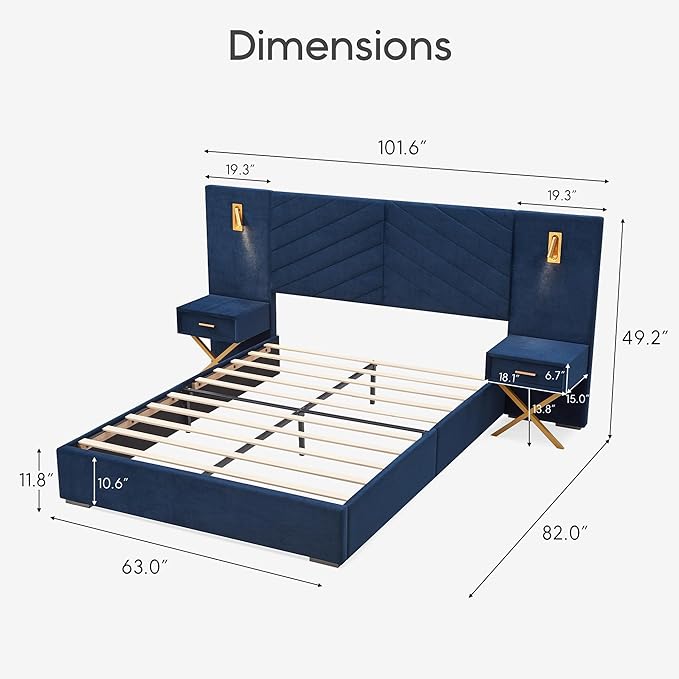 DEINPPA Luxury Queen Bed Frame with Built-in Gold LED Lights and Nightstands, Queen Size Platform Bed with Oversize Upholstered Headboard, No Box Spring Needed-Royal Blue