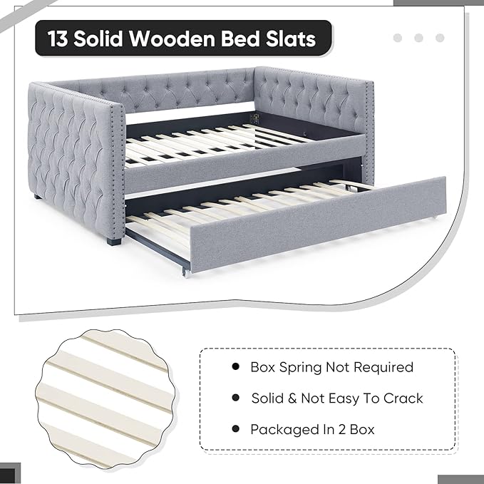 Antetek Daybed with Trundle, Upgraded Linen Upholstered Twin Size Day Bed Button-Tufted Sofa Daybed Frame with A Trundle,No Box Spring Needed,Furniture for Bedroom Living Room (Light Grey, Twin)