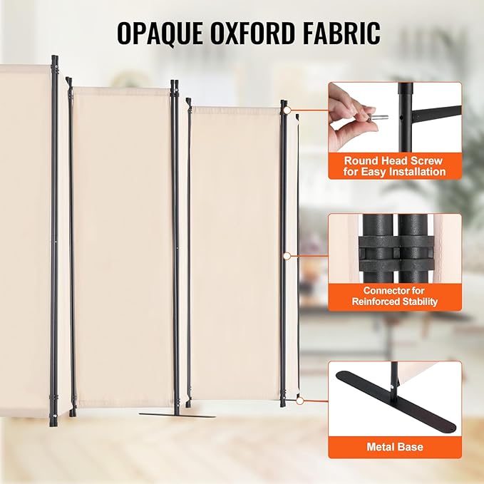 VEVOR Room Divider, 6 Panel Room Divider, Folding Privacy Screen and Portable Partition Divider for Room Separation, Freestanding Room Partitions for Office, Bedroom, Study, Beige