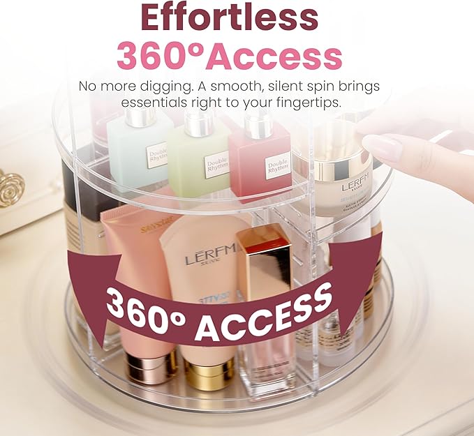 Masirs 360 Rotating Makeup Organizer Countertop - Adjustable Shelf Height - The Perfect Round Spinning Cosmetic Organizer for Bedroom Dresser or Vanity Countertop Storage (Clear)