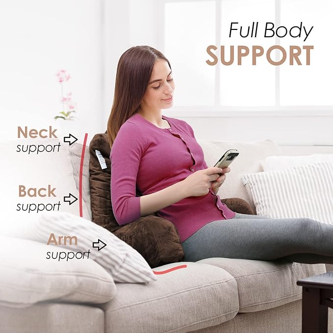 Nestl Reading Pillow with Shredded Memory Foam Designed for Sitting Up in Bed and Couch, Back and Arms Adjustable Support for Adult & Teens Backrest Pillows for Reading Washable Cover, Chocolate Brown