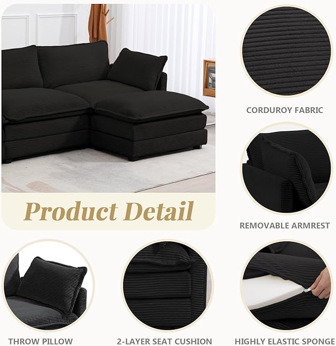 112'' Sectional Modular Cloud Couch, Oversized L Shaped 3 Seat Sofa with Movable Ottomans, 2 Throw Pillows, Upholstered Corduroy L Shape Comfy Deep Couches for Living Room and Office, Black