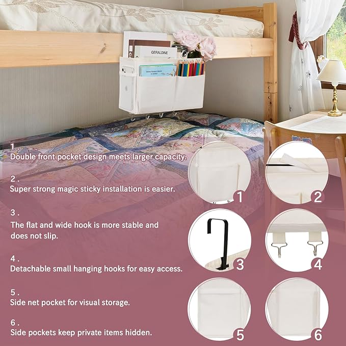 Bedside Storage Organizer 5 Pockets with 4 Hooks Hanging Storage Bag for Headboards/Bunk Bed (White)