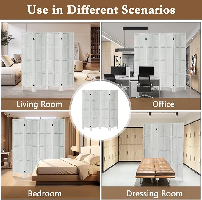4 Panel Room Divider, 5.6Ft Wood Room Dividers and Folding Privacy Screens, Room Divider Wall Freestanding Room Partitions, Room Dividers Screen for Home Office Bedroom, White