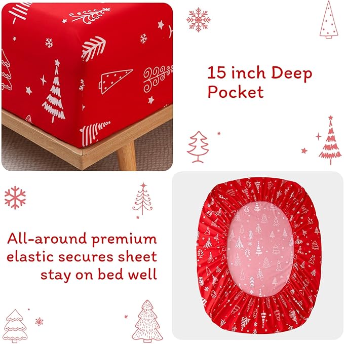 JSD Red Christmas Tree Kids Sheet Set Twin Size, 3 Piece Soft Printed Microfiber Sheets Deep Pocket
