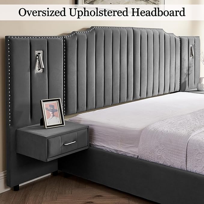 Luxury Queen Bed Frame with Headboard and Storage, Velvet Fabric Upholstered Platform Bed Frame Queen Size with LED Lights, Solid Frame & Bedside Table, No Box Spring Needed, Gray