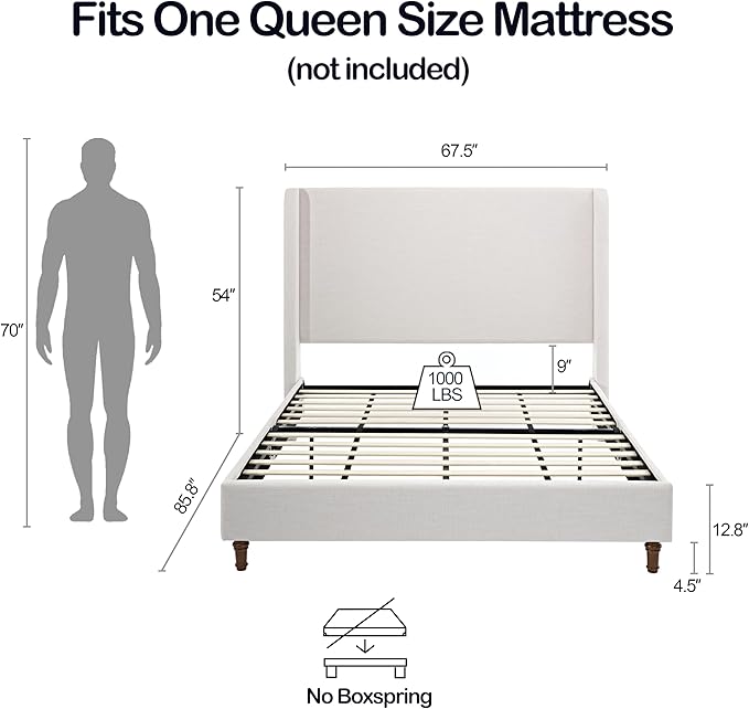 Queen Size Upholstered Bed Frame, Harper 54" Tall Headboard Platform Beds, Wingback Headboard Bedframes/No Box Spring Needed/Easy Assembly/Elegant Simplicit, Ivory Chenille