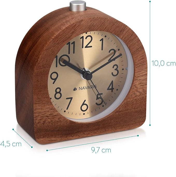 Navaris Wood Analog Alarm Clock - Half-Round Gold Face Battery-Operated Non-Ticking Clock with Snooze Button and Light - Dark Brown