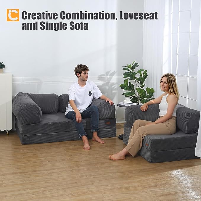 COMAX Futon Sofa Bed, 4-in-1 Floor Foldable Sofa Couch Queen with L-Shaped Armrests, Convertible Folding Chair Bed Sleeper Mattress Fold Out Comfy Lounge for Living Room Bedroom, Grey
