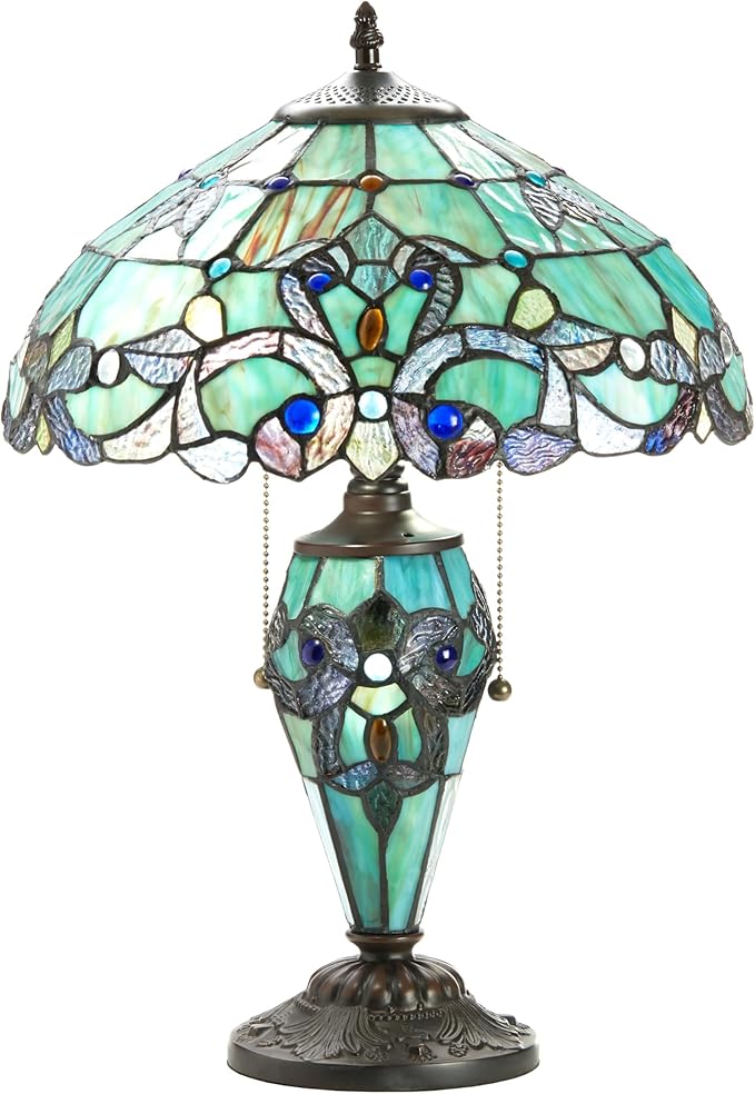 RIVER OF GOODS - Stained Glass Halston Double Lit Table Lamp - 20" H - Decorative Lamp for Bedroom - Bedside Lamp - Desk Lamps for Home Office - Tiffany Style - Green and Blue