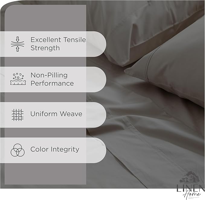 Linen Home 100% Cotton Percale Sheets King Size, Charcoal, Deep Pocket, 4 Pieces Set - 1 Flat, 1 Deep Pocket Fitted Sheet and 2 Pillowcases, Crisp Cool and Strong Bed Linen