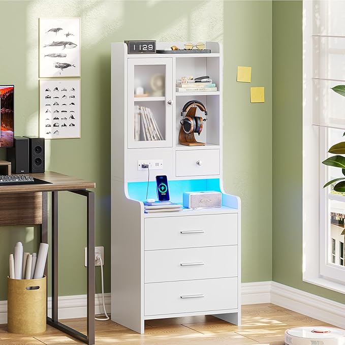 ADORNEVE Tall Night Stand with Charging Station and LED Lights,49.2" Nightstand with Bookshelf, White Bedside Table with Drawers,End Side Table for Bedrooms