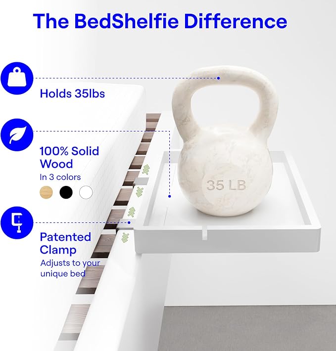 BedShelfie Wood Bedside Shelf for Bunk Bed & Top Bunk, College Dorm Room Essentials, Loft Nightstand, Floating Bed Side Table Tray Storage, Dorm Room Decor by Smallish - (Flexfit Bamboo Model, White)