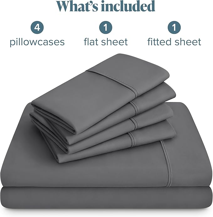 Bare Home Hotel Luxury King Sheet Set, Extra Soft - 6 Piece Set - Deep Pockets - Easy Fit - Cooling & Breathable - Wrinkle, Fade, Stain Resistant - Includes 4 Pillowcases (King, Grey)