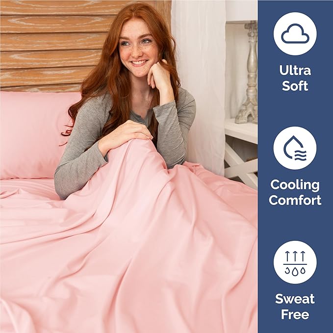 Twin XL 4 Piece Sheet Set - Cooling, Comfy & Breathable - Hotel Luxury Bedding, Includes Fitted Sheet for Women, Men, Kids & Teens - 1 Flat, 1 Fitted Sheet, 2 Pillowcases w/Deep Pockets - Baby Pink