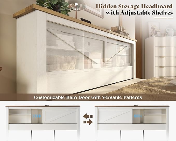 AMERLIFE King 47.2" H Bed Frame with Hidden Space Bookcase Headboard and Charging Station, Beds with 2 Storage Drawers and Wood Slats, No Box Spring Needed, White & Barnwood