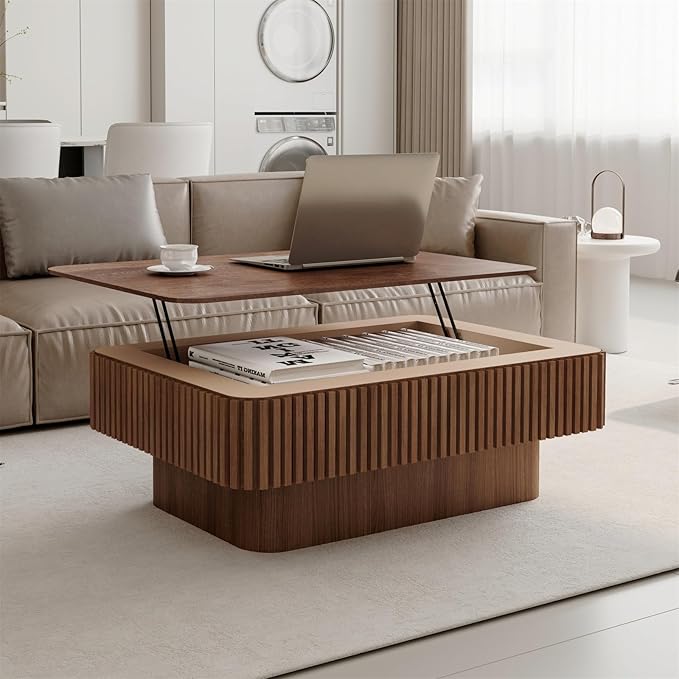 LKTART Lift Top Coffee Table for Living Room, Accent Fluted Coffee Table with Storage, Modern Solid Wood Veneered Rectangle Center Tea Table for Small Space Apartment (38.6''D×14''H-Walnut)