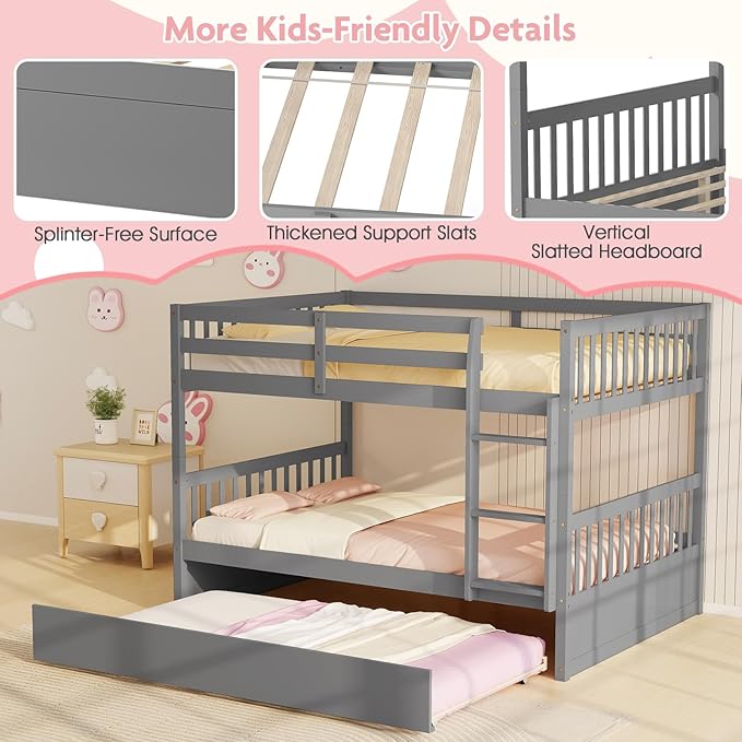 KOMFOTT Wood Full Over Full Bunk Bed with Trundle, Wooden Bed Frame with Ladder, Solid Wood Frame & Safety Guardrails, Space-Saving Bunk Bed for Teens & Adults, No Box Spring Needed