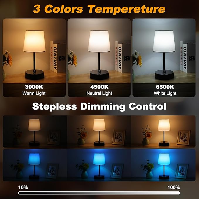 Ascher Small Bedside Table lamp Set of 2, RGB Color Changing Lamps, 3 Color Temperatures Nightstand Lamps with USB C and A Ports, Touch Dimmable Desk Lamp for Bedroom Living Room(White Shade)