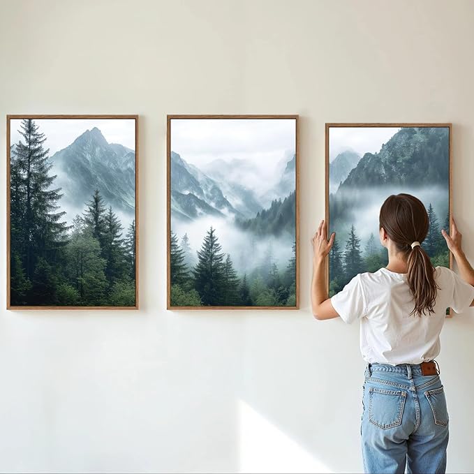 YeeHomedec Large Mountain Framed Canvas Wall Art, Mordern Calming Forest Wall Decor, Misty Nature Mountains Art Painting, Wooden Pine Trees Artwork for Living Room Bedroom Farmhouse 16"x24"x3