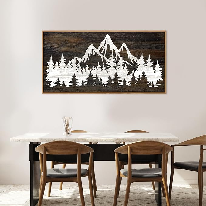 LHIUEM Large Mountain Tree Framed Canvas Wall Art,Modern White Forest Art Prints,Abstract Country Woodcut Wood Wall Decor,Farmhouse Zen Artwork for Living Room Bedroom Office-20''x40''