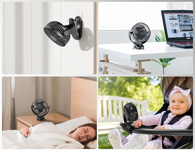 Svinkal USB Personal Clip on Fan 5000mAh Battery Operated 6in, Type C, 3 Speed, 720° adjustment, Small Portable Fan for Table, Bedroom, Desk, dormitory, Camping, Stroller, Golf Cart