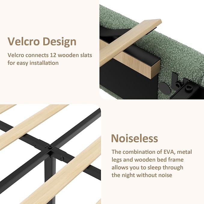 Full Size Platform Bed Frame with Headboard, Boucle Upholstered Desige, Anti-Collision Corners, Soft Rounded Corners, No Box Spring Required, Easy Assembly, Noise Free