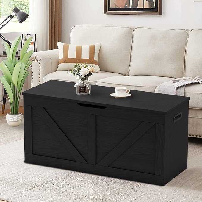 Timberer 39.4" Storage Chest, Wooden Storage Bench, Large Storage Trunk with 2 Safety Hinges, Entryway Shoes Bench for Living Room, Bedroom, Black