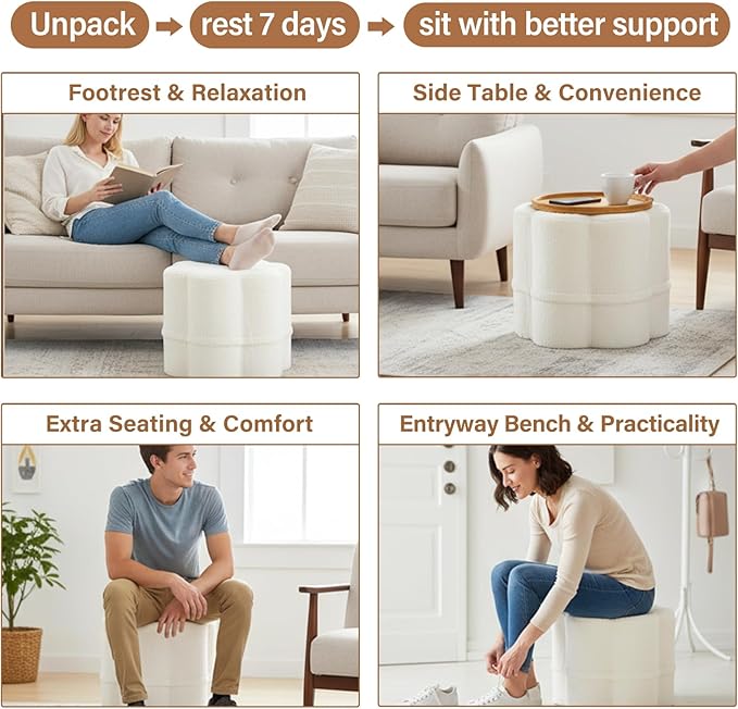 Tiita Floral Pouf Ottoman, Foot Stools Ottoman with Foam Chunk Filling, Puff Foot Rest for Couch, Living Room, Kids Room, Cream
