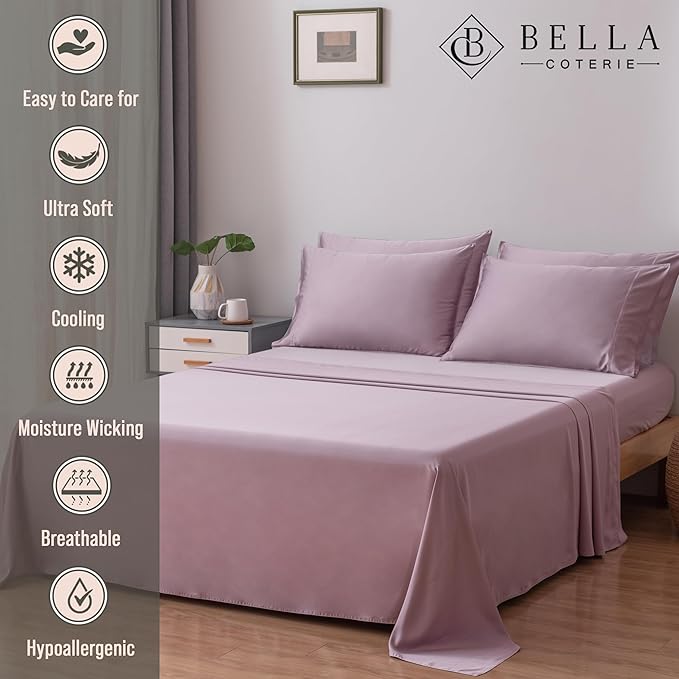 Bella Coterie 6 Piece Luxury Bamboo Viscose Split Top King Size Sheet Set | 34" Split for Adjustable Beds | 100% Organically Grown| Cooling | 18” Deep Pocket | 4 Pillowcases [Lilac]