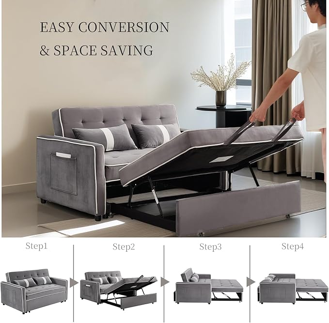 Convertible Sofa Bed, 3-in-1 Loveseat Futon Sofa Bed with 3-Position Adjustable Backrest & Side Pocket, Modern Velvet Fabric Pull Out Couch for Living Room, Small Spaces (Grey)