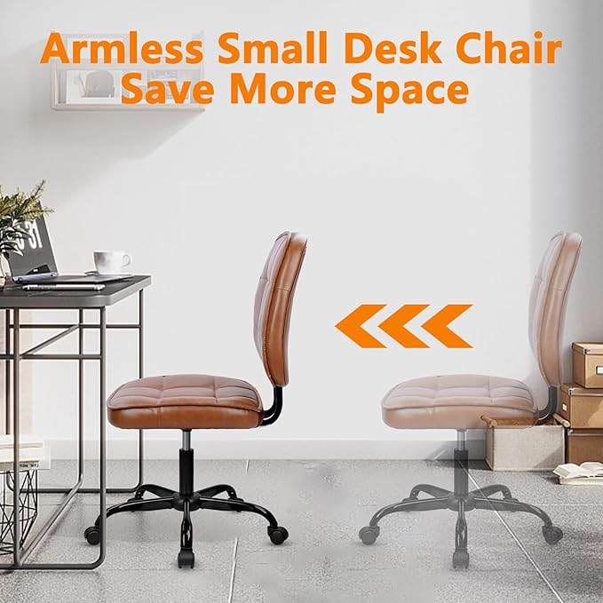CLATINA Armless Home Office Chair with Lumbar Support and Wheels, Small PU Leather Ergonomic Low Back Desk Chairs No Arms, Adjustable Height 360° Swivel Rolling Computer Task Chair, Brown, 8 Pack
