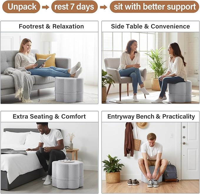 Tiita Floral Pouf Ottoman, Foot Stools Ottoman with Foam Chunk Filling, Puff Foot Rest for Couch, Living Room, Kids Room, Grey