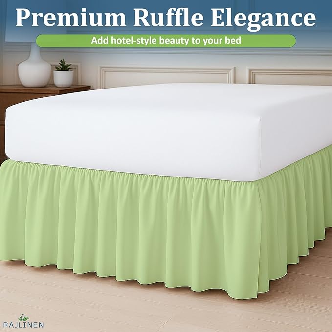 Rajlinen Ruffled Bed Skirt Twin, 15 Inch Drop Dust Ruffle with Split Corners, 100% Microfiber Bedskirt with Platform, Three-Sided Coverage Ruffled Gathering Design, Sage
