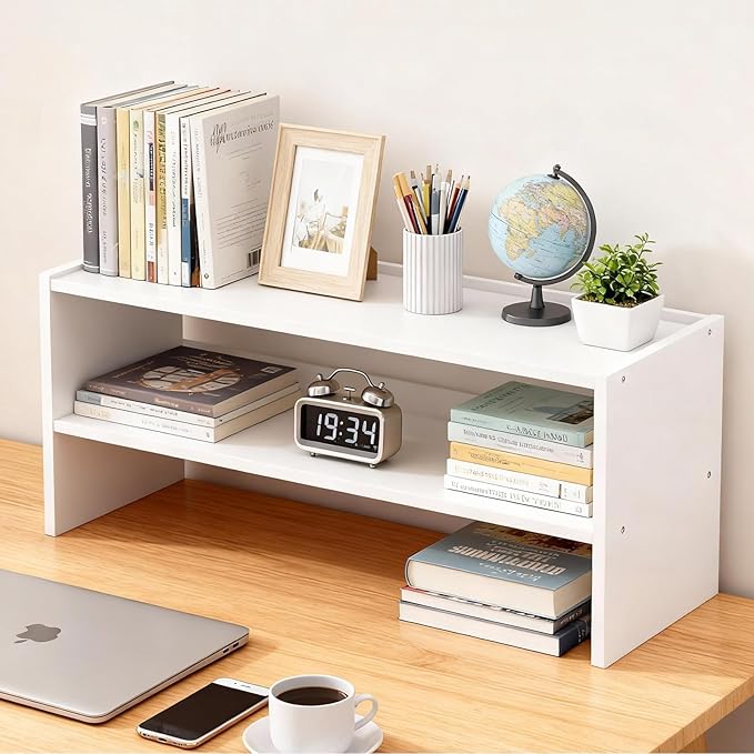 DUMOS 24 Inch Stackable White Shoe Rack, 2-Tier Wooden Storage Benches Organizer, Freestanding Entryway Bench for 6-9 Pairs Shoes, for Entryway, Office, Bathroom Use, White