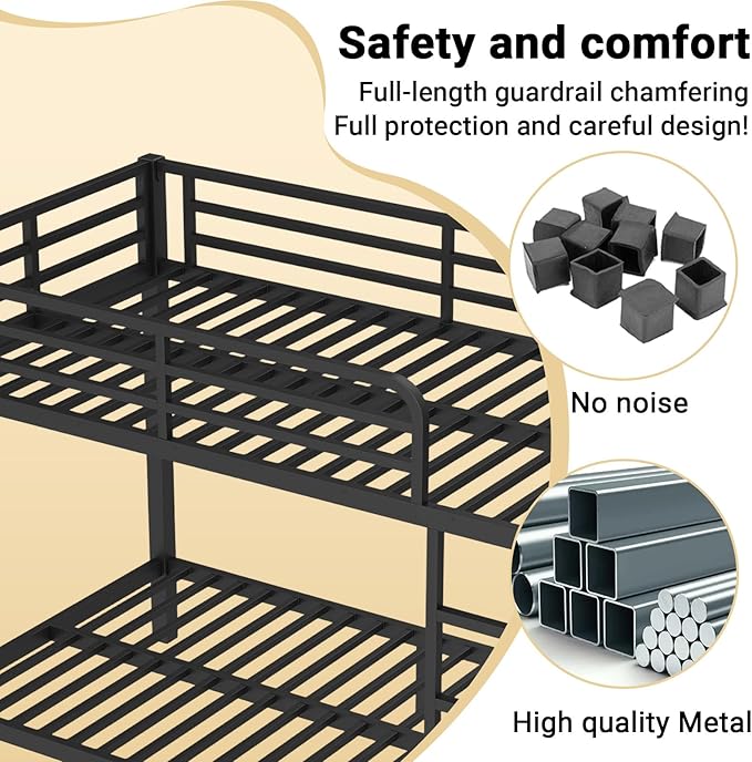 Twin Over Twin Bunk Bed Frame, Heavy Duty Metal Loft Bed for Adults/Teens, 250/400LB Capacity w/Ladder & Guardrail, Noise-Free Steel Slats, No Box Spring Required, Black
