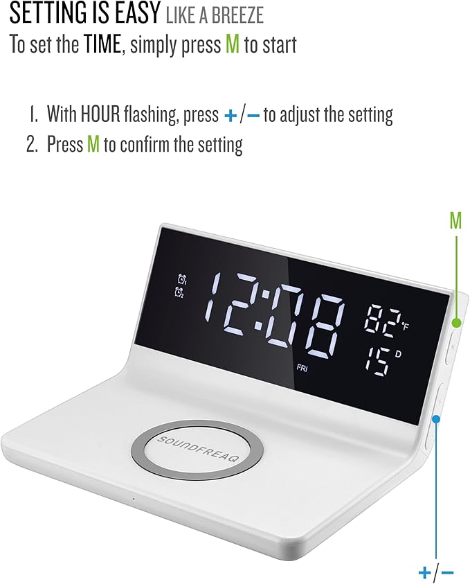 Soundfreaq Charge Rise II, SFQ-20: Digital Alarm Clock, with Dual Alarms, Fast USB Charger and Wireless Charger