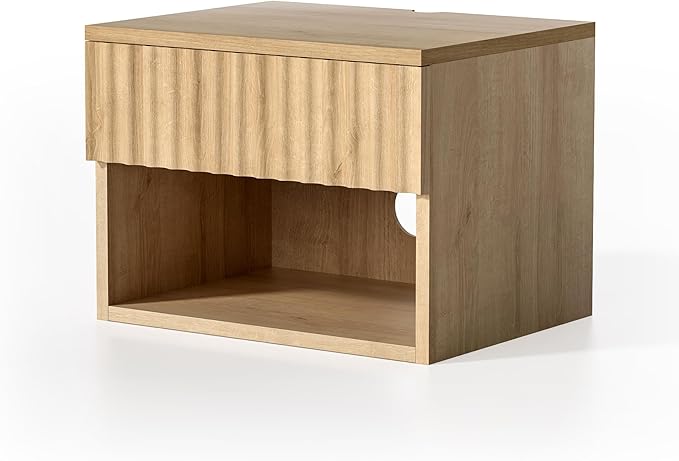 Small Floating Nightstand Set of 2, Modern Fluted Night Stand with Drawer and Open Storage Shelf Wall Mounted Bedside Tables Natural Oak