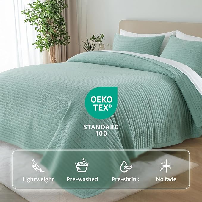 KASENTEX Queen Quilt Set 90"x90" – Soft Washed 3-Layer Lightweight Bedspread, Minimalist Nordic Design, All-Season Spring & Summer Quilt Set (1 Quilt + 2 Pillow Shams), Green