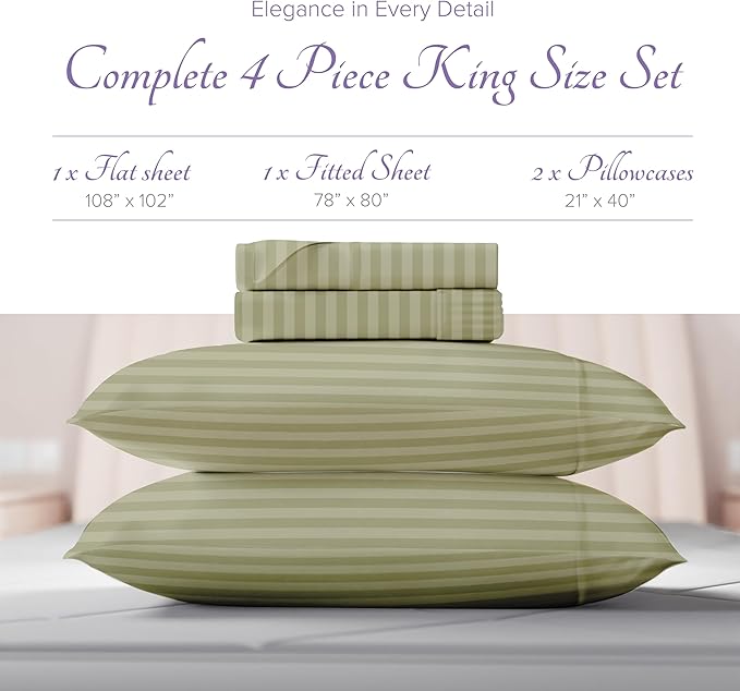 Carressa Linen Luxury Egyptian Cotton King Stripe Sheet Set - 600 Thread Count Extra Long Staple 4 PC Set, Herb Garden King Damask Sheets, Soft, Cooling Sateen Weave Sheets Upto 18 in Deep Pocket