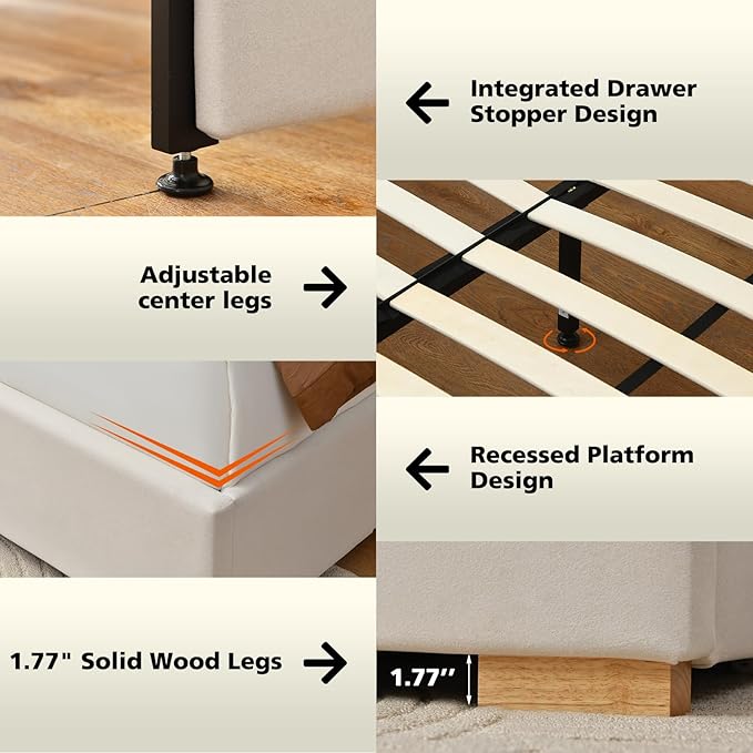 VELOCAVA King Size Upholstered Bed Frame with Extra Tall 71.5" 3D Geometric Headboard, Velvet-Like Fabric, 2 Storage Drawers, 45 Wooden Slats, Adjustable Center Support, No Box Spring Needed, Beige