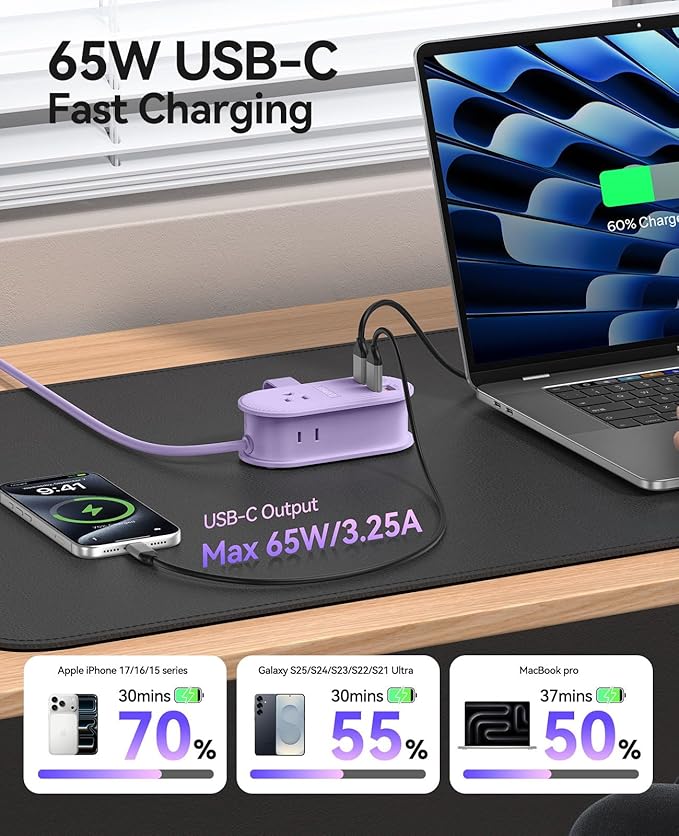 ORICO 65W USB Travel Power Strip, 7 in 1 Charging Station with 3AC, 2 USB-A, 2 USB-C, Flat Plug and 4ft Thin Extension Cord, Fast Charger for MacBook, iPad, iPhone 17/16/15 - TK65
