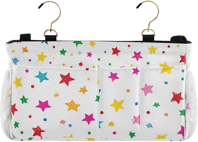 Bedside Caddy Hanging Bunk Bed Caddy Bed Organizer Hanging Pocket with 2 Hooks Bedside Storage Organizer Pocket Bag Holder Small Colorful Stars and Dots