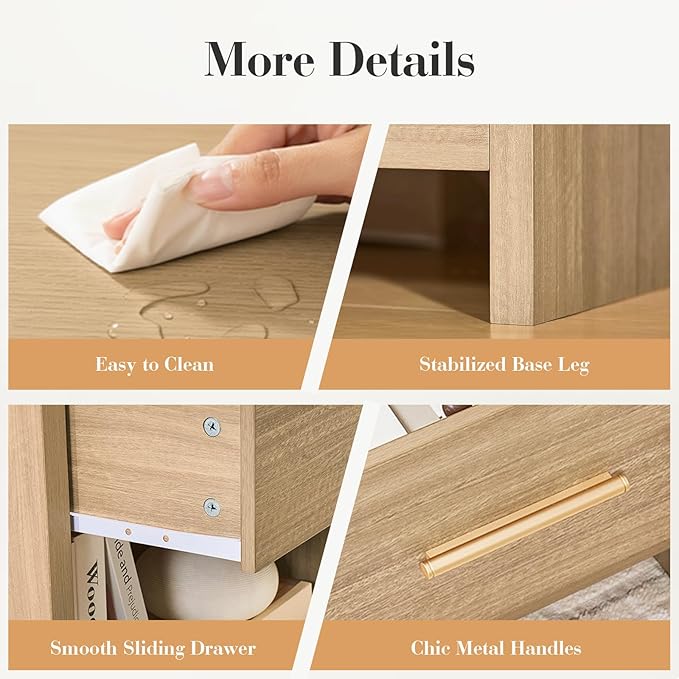 Night Stand [Unique Curved Profile] [FSC-Certified Wooden Board] 1-Drawer and 1 Storage Shelf Nightstand 24" H Metal Handle Modern Bedside Table Side Table End Table