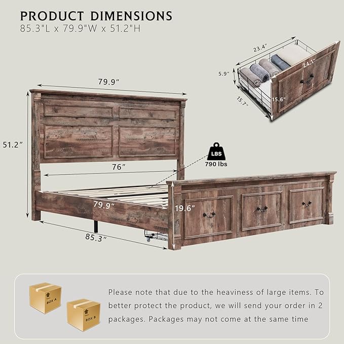 Farmhouse King Size Bed Frame with 51" Tall Headboard, Wood Platform Bed Frame with 20" Tall Roman Column Decoration Footboard & 3 Large Storage Drawers, No Box Spring Needed (Light Brown)