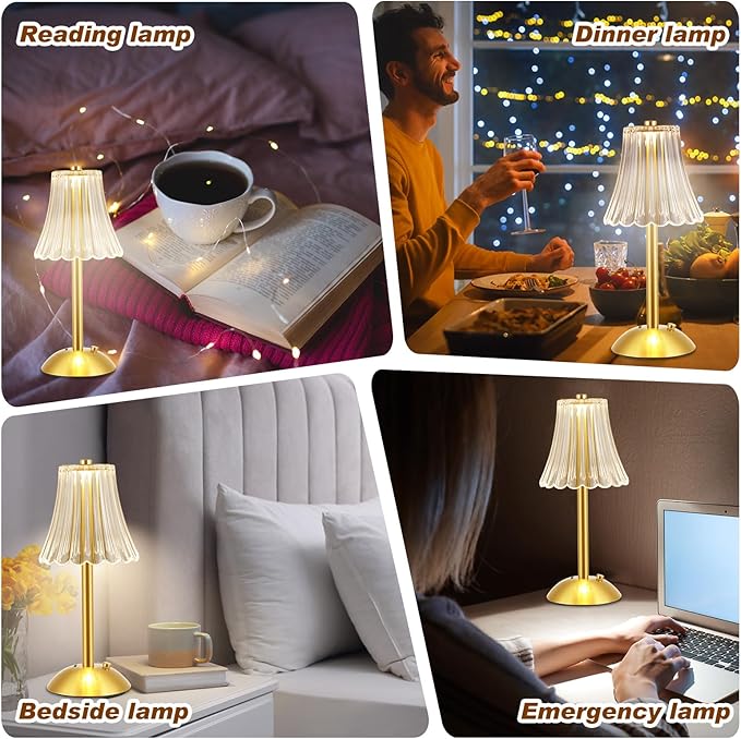 Liliful 20 Pcs Cordless Table Lamp Rechargeable Touch LED Small Gold Portable Battery Operated USB-c Desk Lamp 3 Color Dimmable for Bedroom Living Room Dining (Gold,Rose Style)