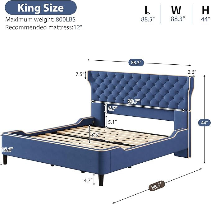 Christopher Knight Home Salus Linen Upholstered King Size Bed Frame with Headboard, Modern King Bed Frame and Headboard, Wooden Slats Support, Easy Assembly, No Box Spring Needed, Blue