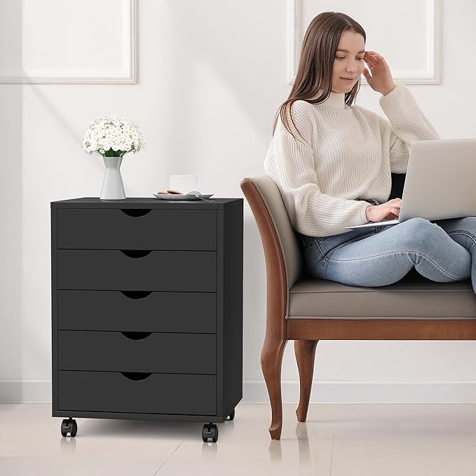 5-Drawer Chest, Office Storage Dresser File Cabinet with Wheels, Mobile Dresser for Home Office, Black