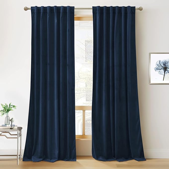 RYB HOME Blue Velvet Curtains 94 inches, Back Tab Soft Fabric Room Darkening Thermal Insulated Luxurious Home Decor Curtains for Living Room Bedroom, W 52" x L 94", 2 Panels Set